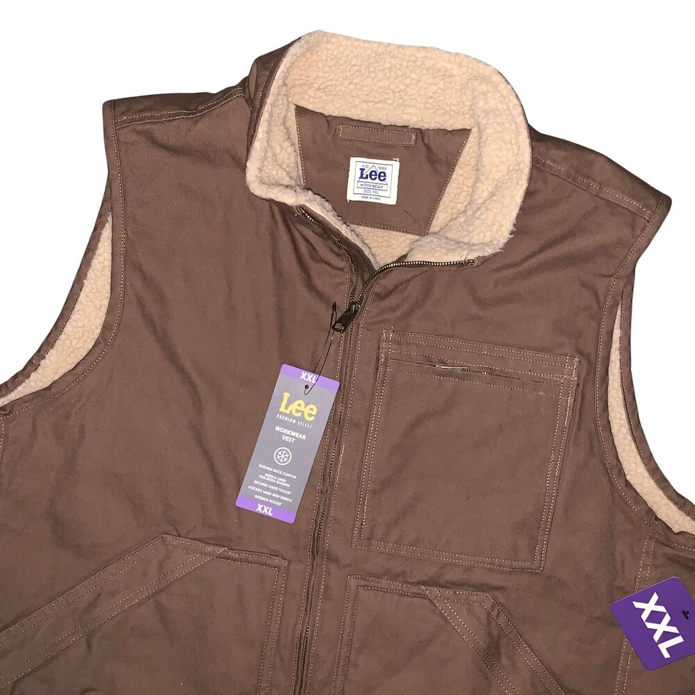 NWT Lee Workwear Vest Mens XXL 2XL Brown Sherpa Lined Full Zip Pockets Canvas